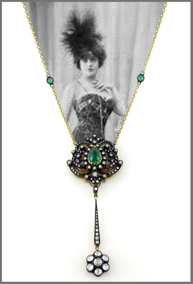 Women's Edwardian Inspired Cabochon Emerald and Rose Cut Diamond Necklace For Sale