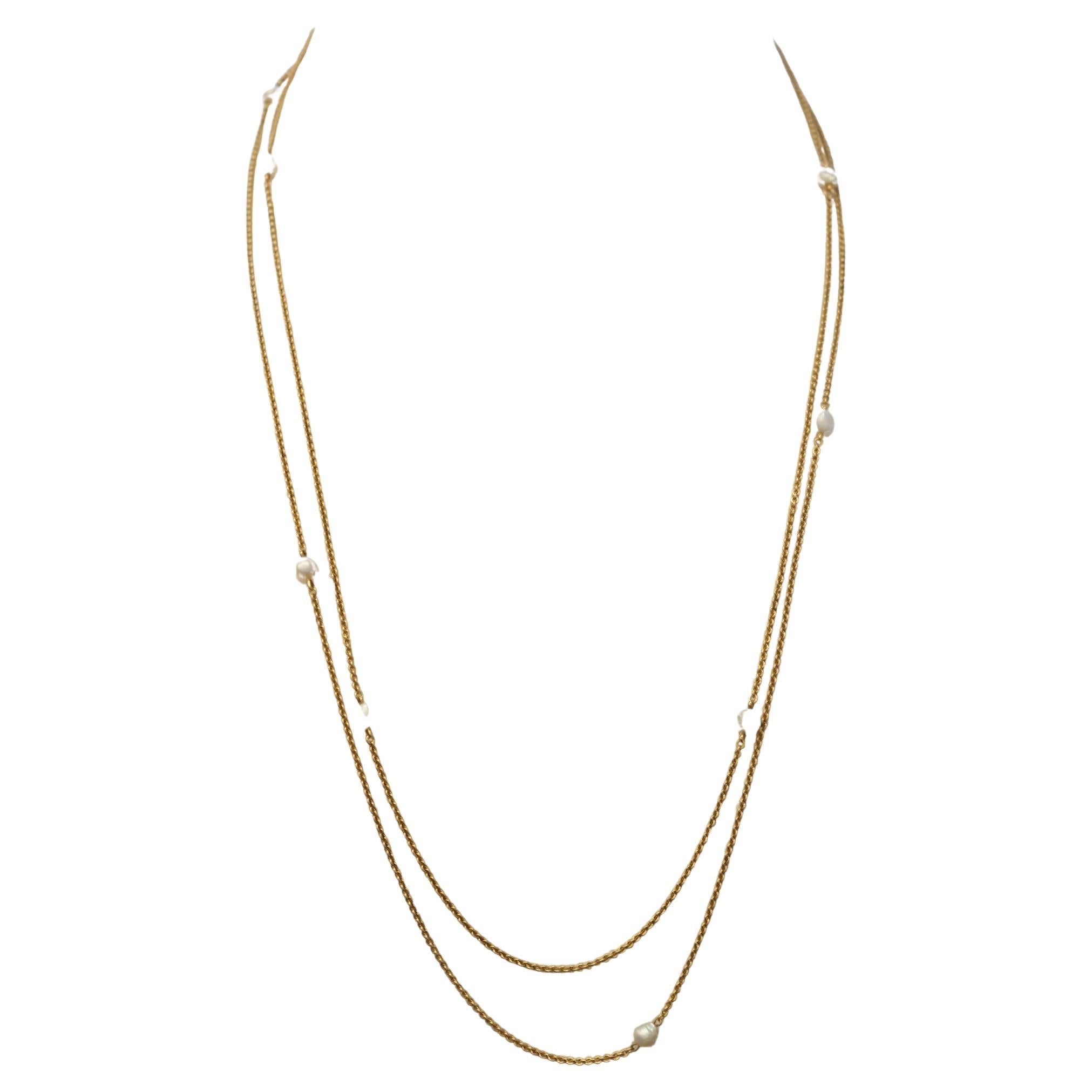 Edwardian Antique 14K Yellow Gold Natural Pearl Link Chain 65 Inch - VHK#977
