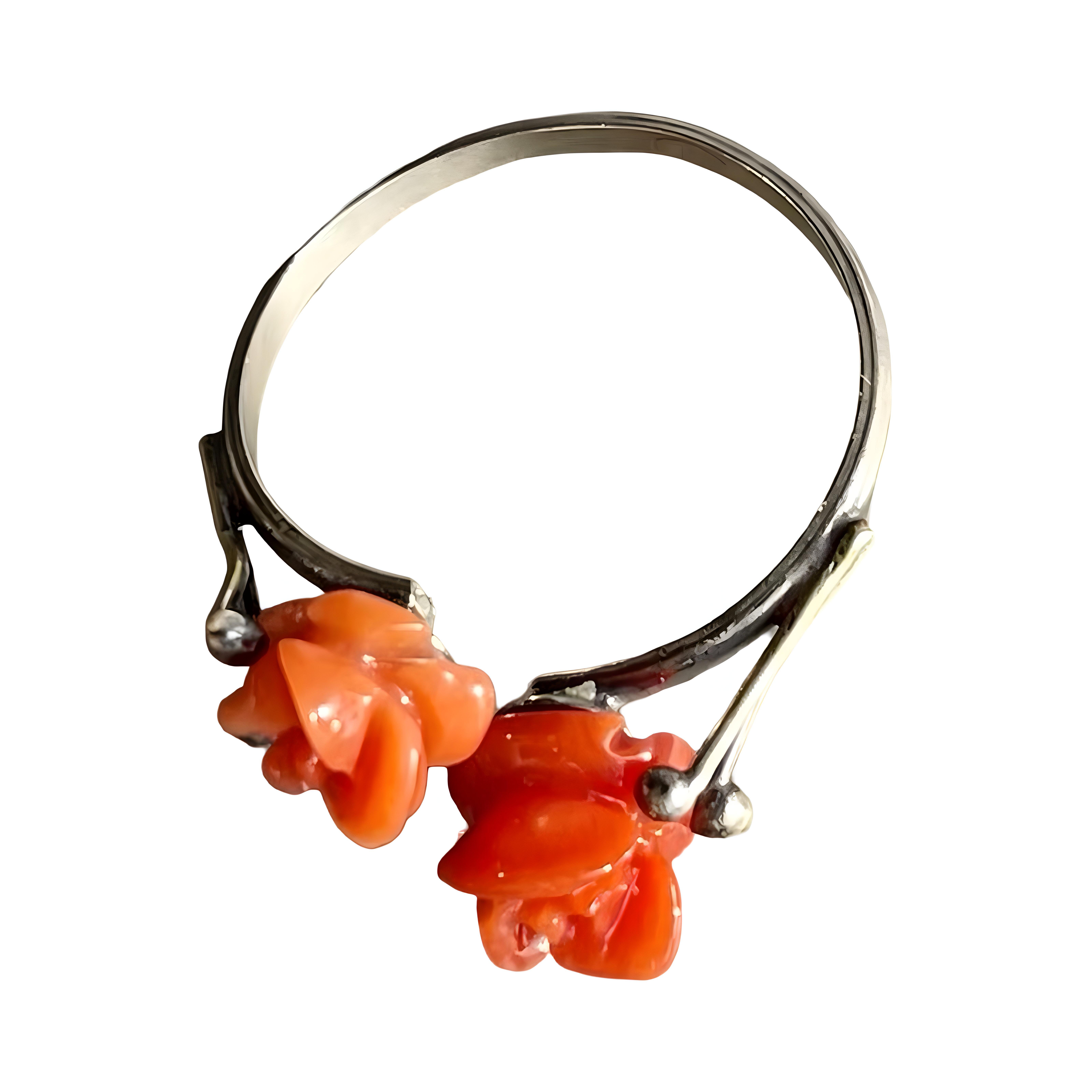Edwardian antique carved red Coral roses Ring set in 800 Silver, Adjustable band For Sale 6
