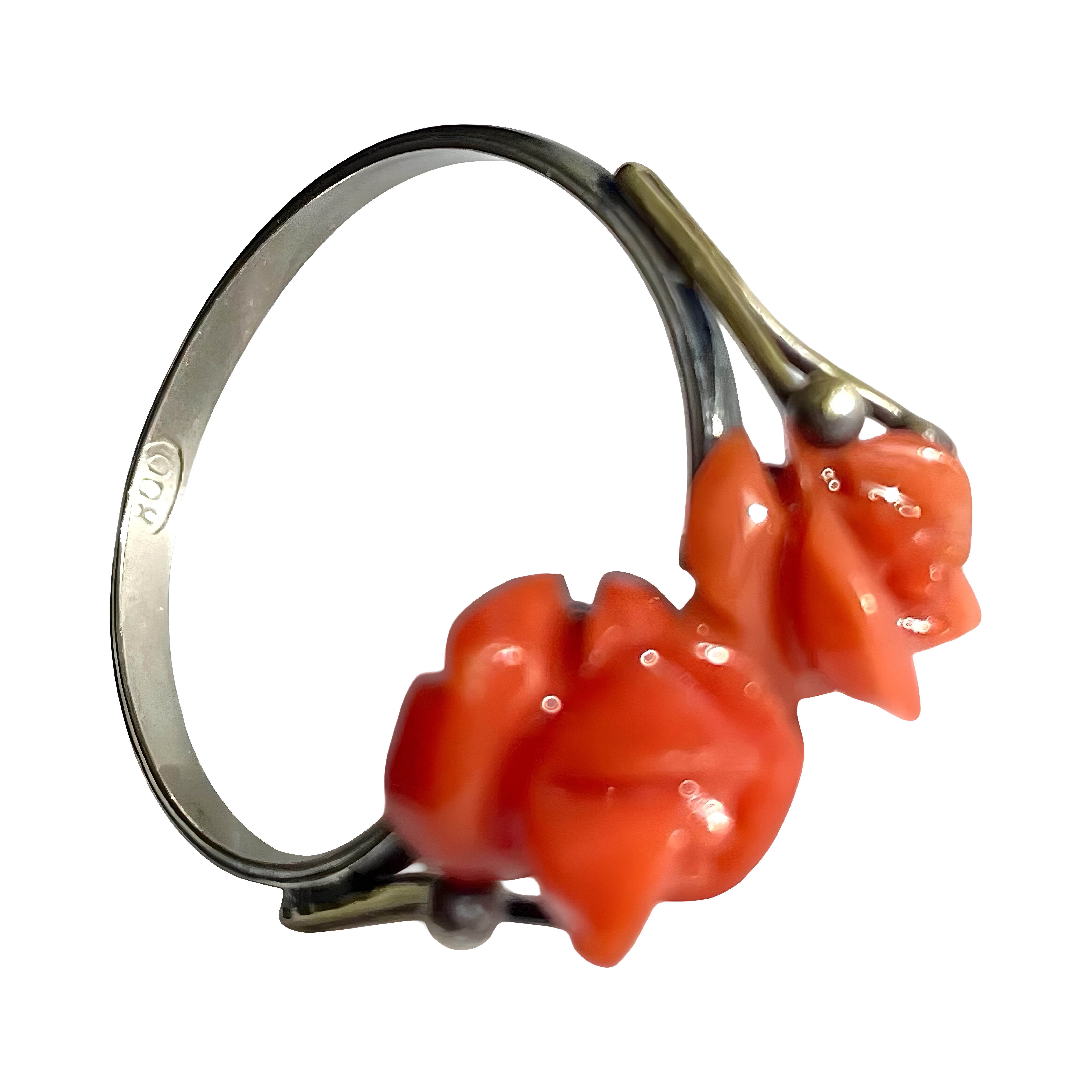 Edwardian antique carved red Coral roses Ring set in 800 Silver, Adjustable band For Sale 9