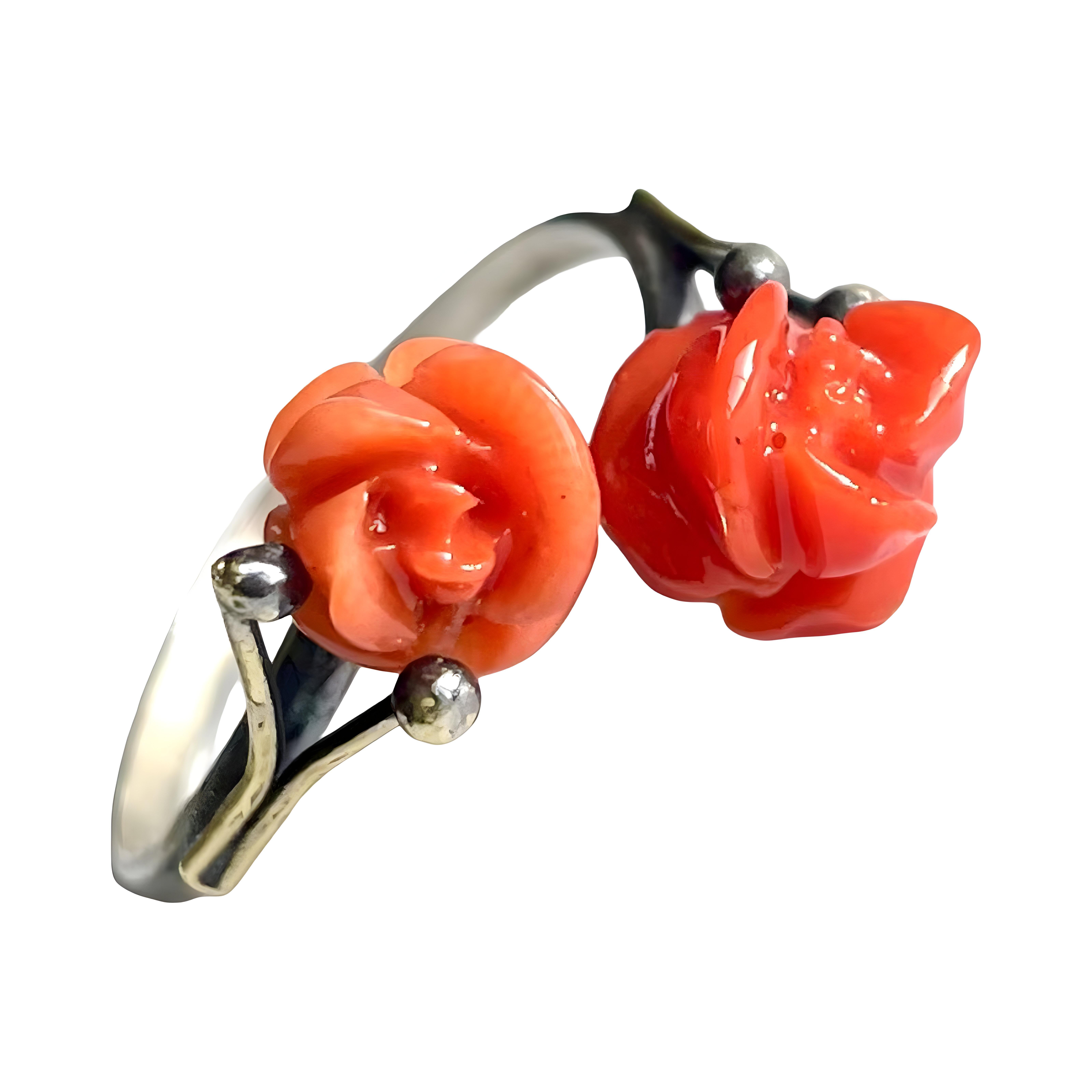Women's or Men's Edwardian antique carved red Coral roses Ring set in 800 Silver, Adjustable band For Sale