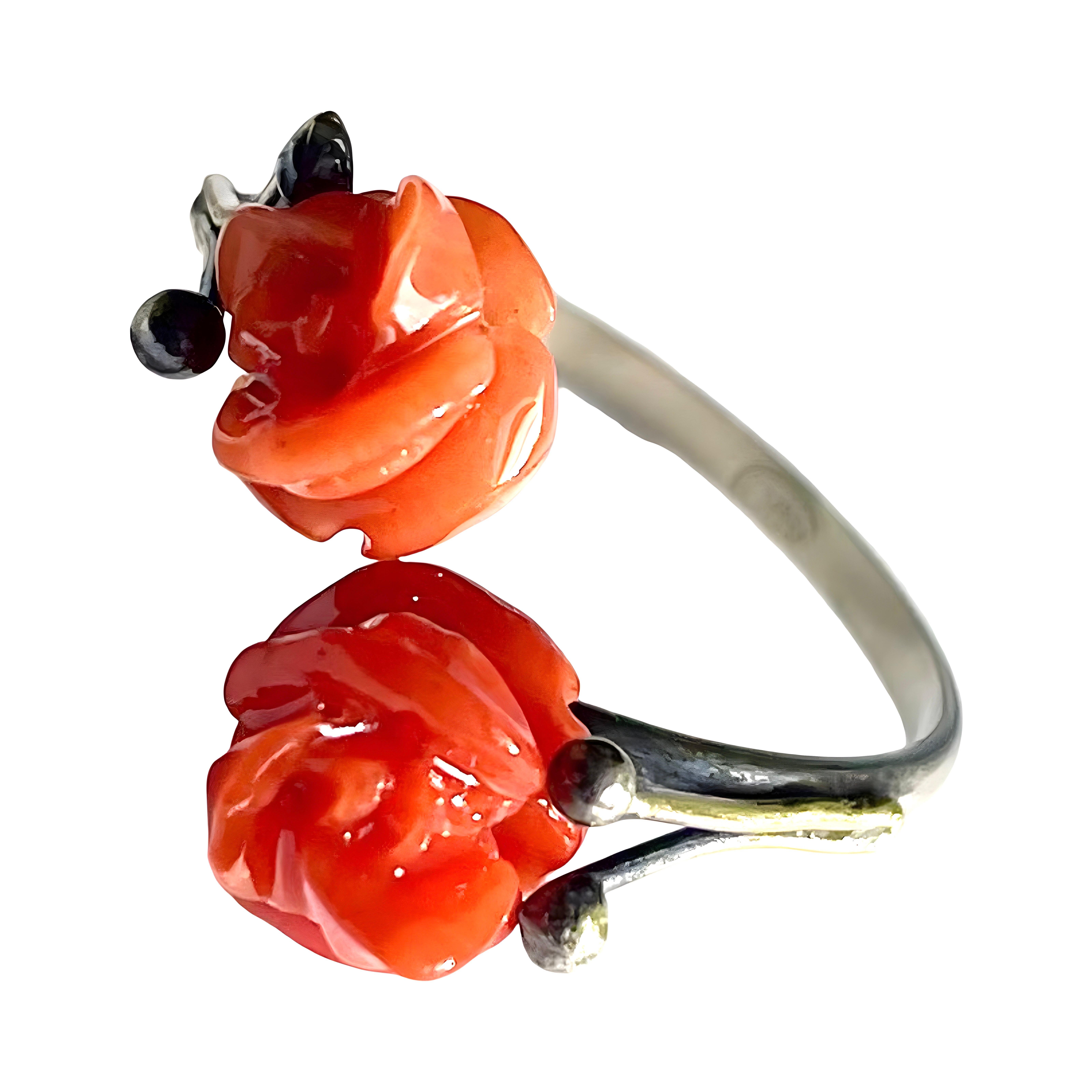 Edwardian antique carved red Coral roses Ring set in 800 Silver, Adjustable band For Sale 1