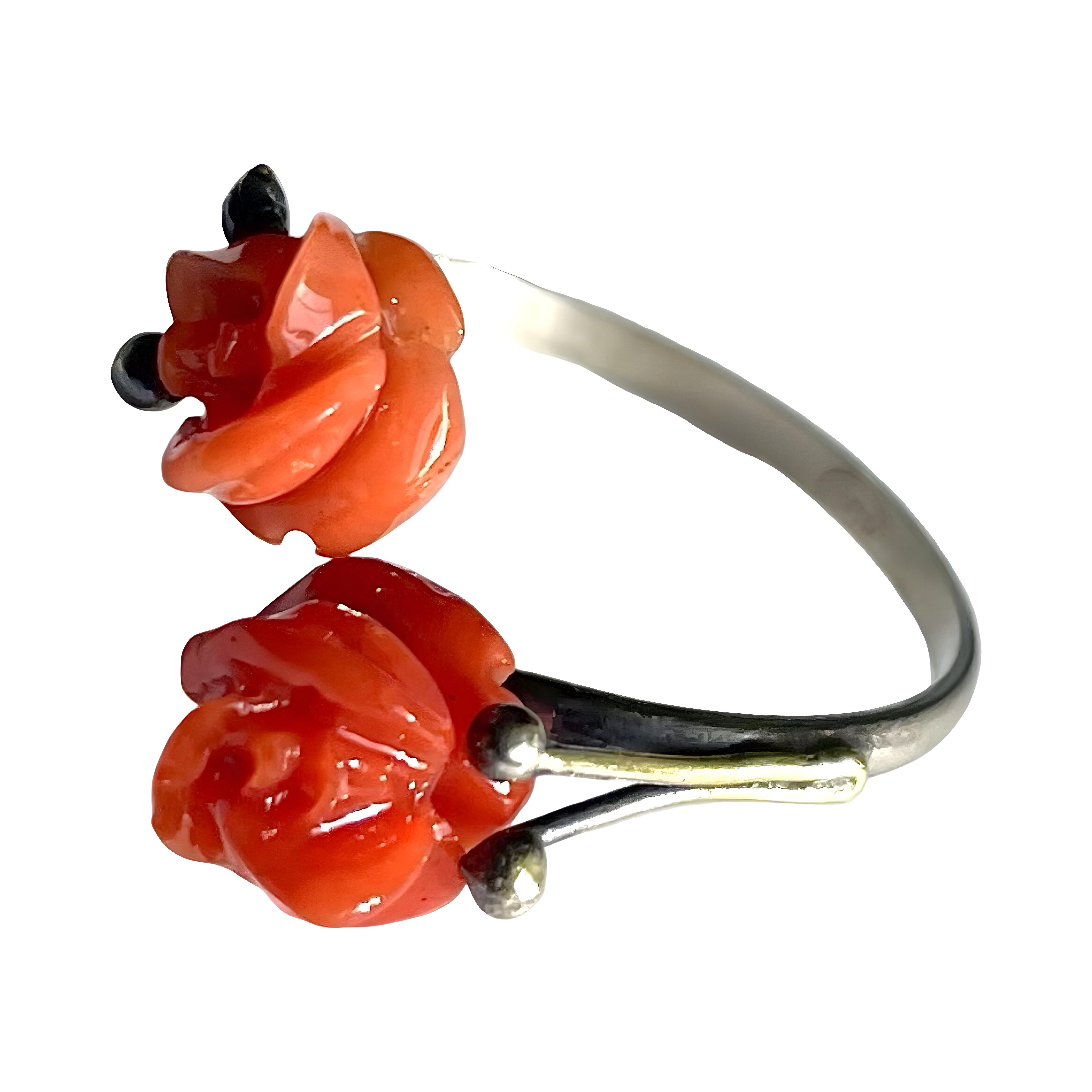 Edwardian antique carved red Coral roses Ring set in 800 Silver, Adjustable band For Sale 3