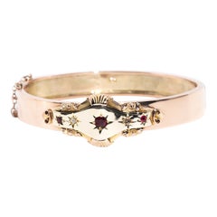 Edwardian Antique Circa 1900s Garnet and Diamond 9 Carat Rose Gold Bangle