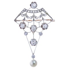 Edwardian Antique Diamond and Saltwater Pearl Brooch