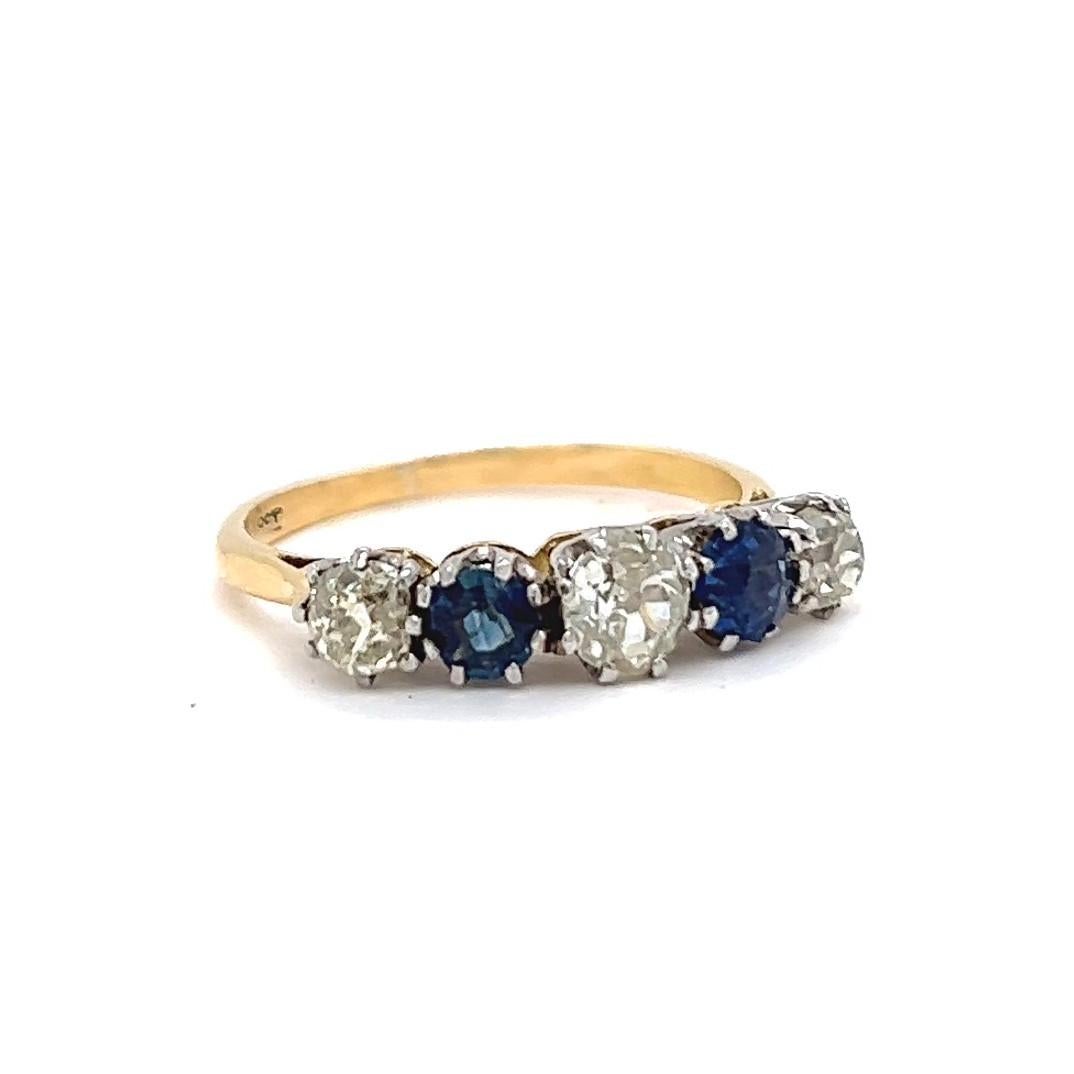 Women's or Men's Edwardian Antique Diamond Sapphire 18 Karat Yellow Gold Five Stone Ring