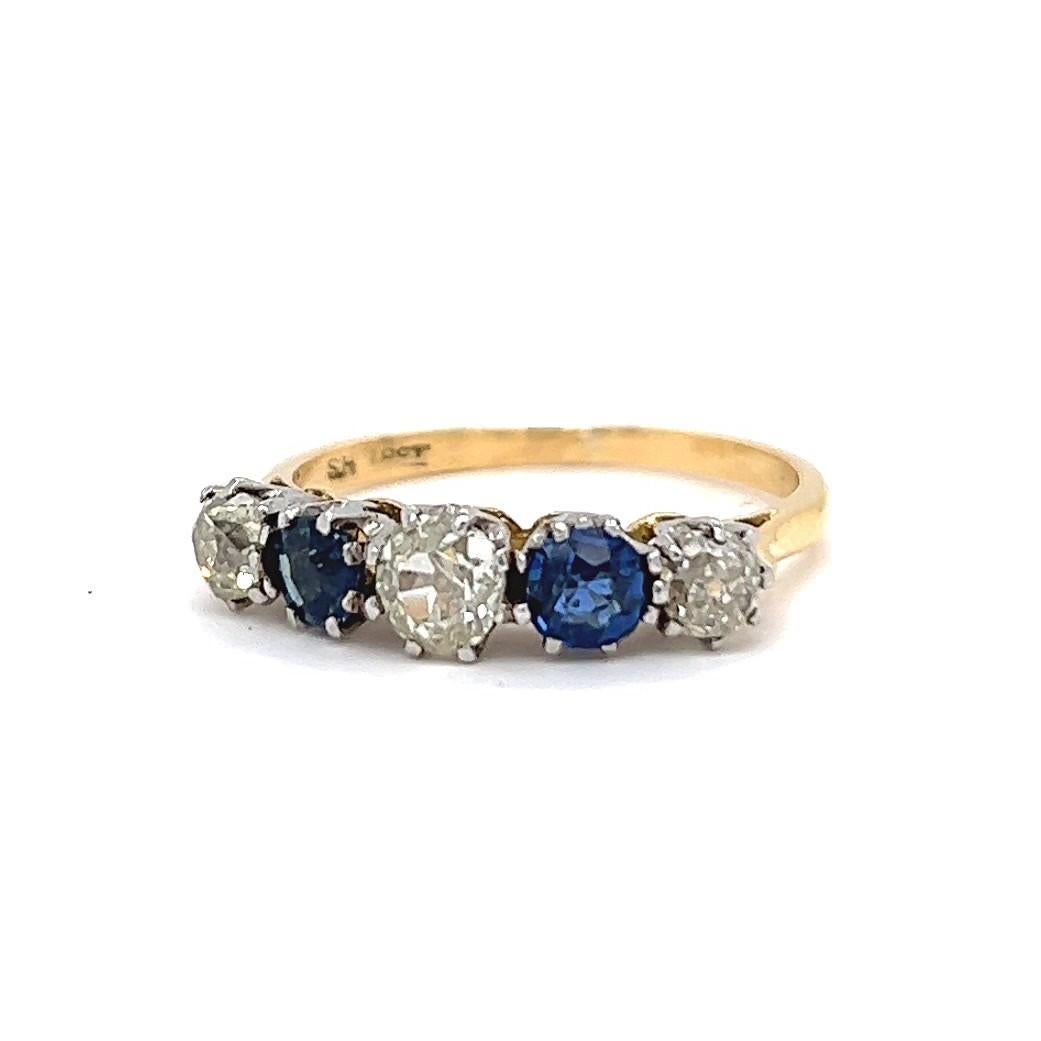Edwardian Antique Diamond Sapphire 18 Karat Yellow Gold Five Stone Ring 1