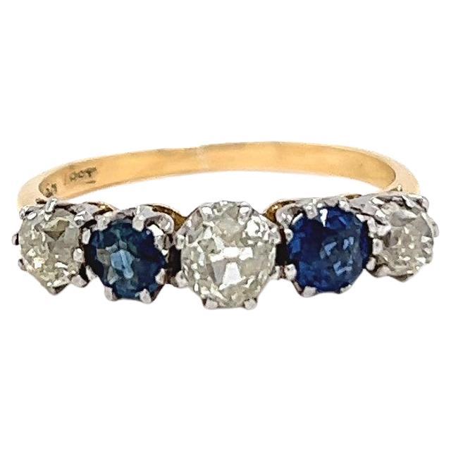 Edwardian Antique Diamond Sapphire 18 Karat Yellow Gold Five Stone Ring