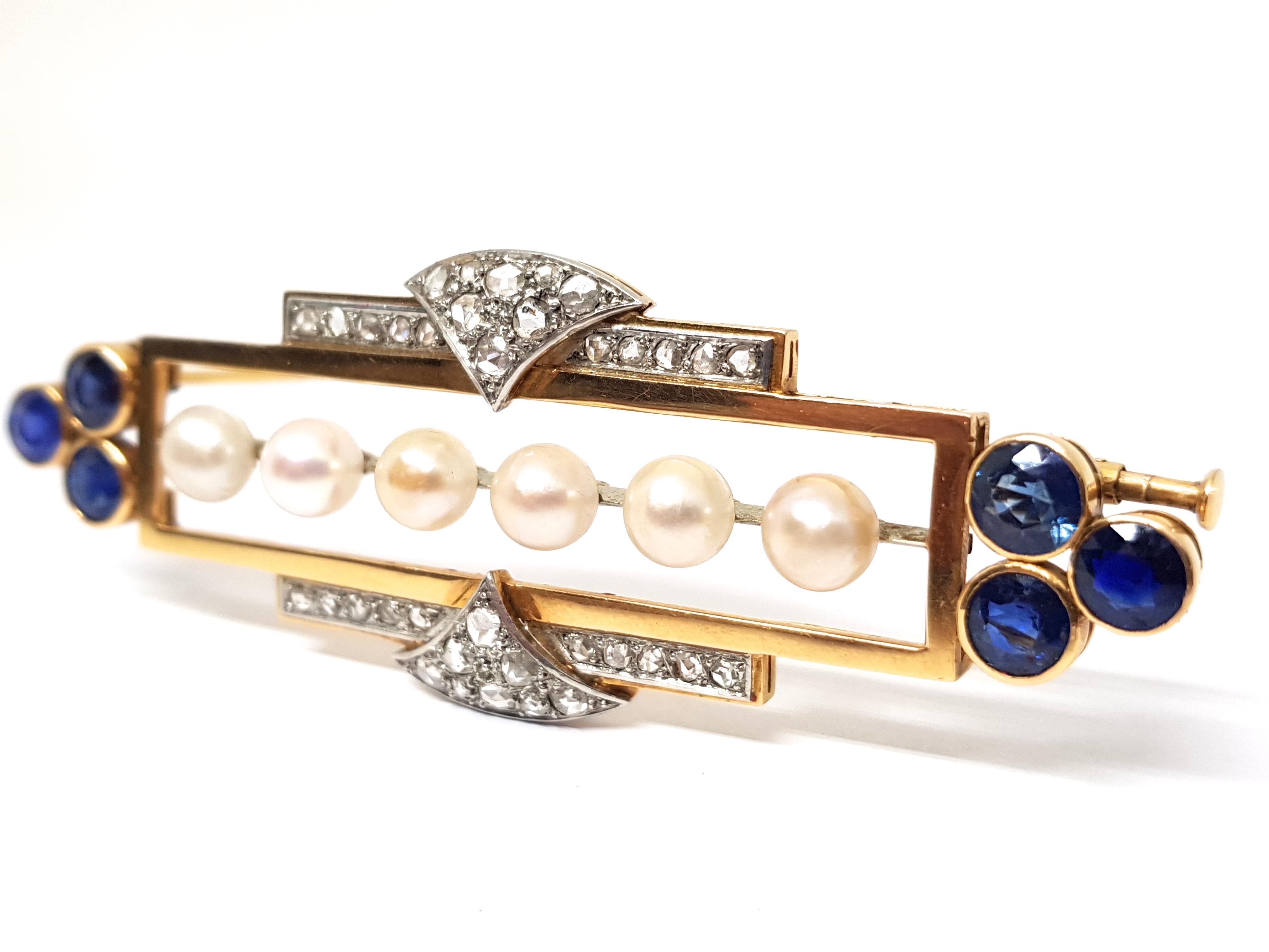 Round Cut Edwardian Antique Diamond Sapphire Pearl Brooch For Sale
