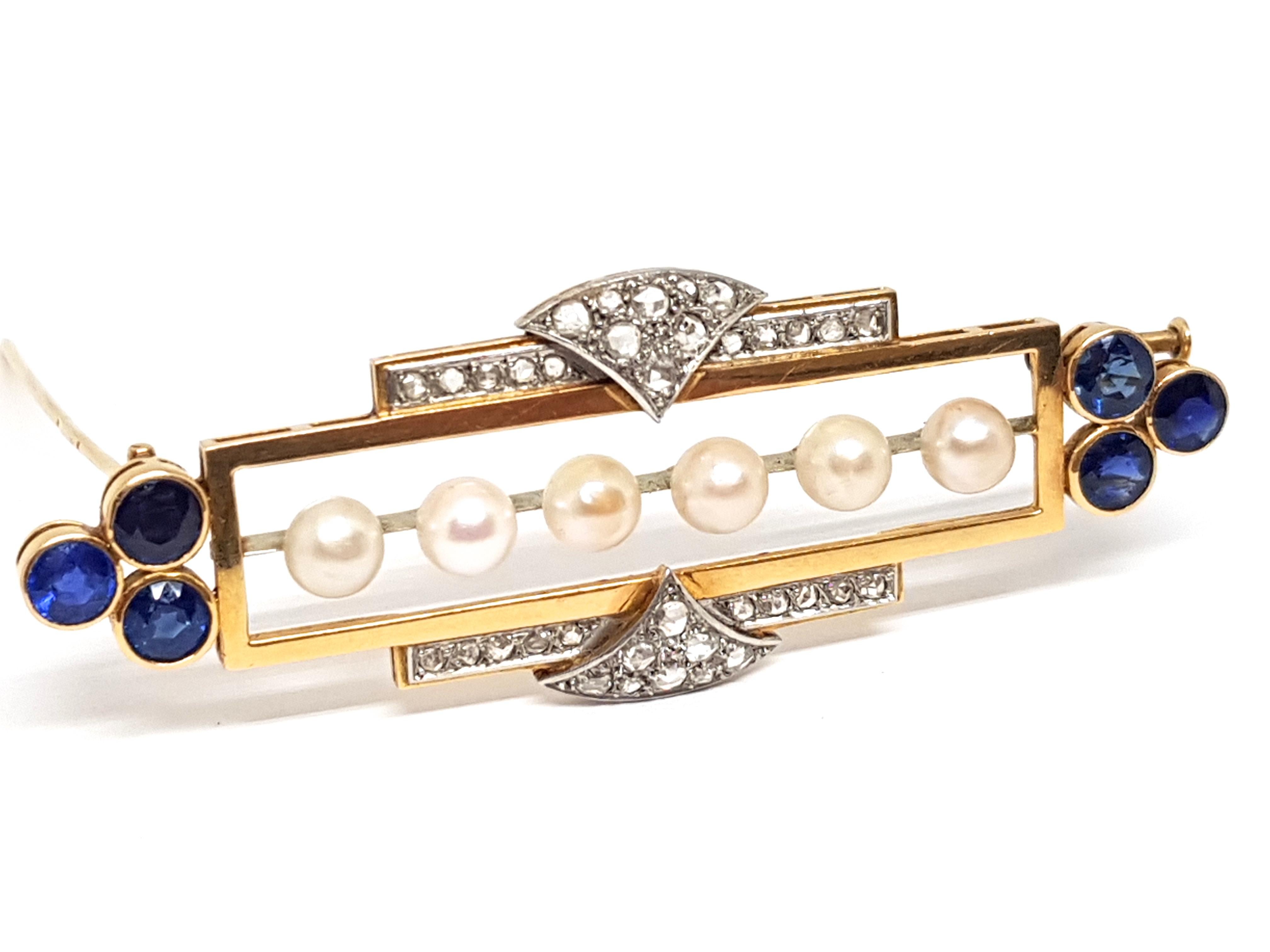 Edwardian Antique Diamond Sapphire Pearl Brooch For Sale 2