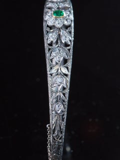 Edwardian Antique Natural Emerald and Diamond Flower Bangle Bracelet