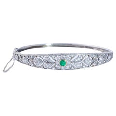 Edwardian Antique Natural Emerald and Diamond Flower Bangle Bracelet