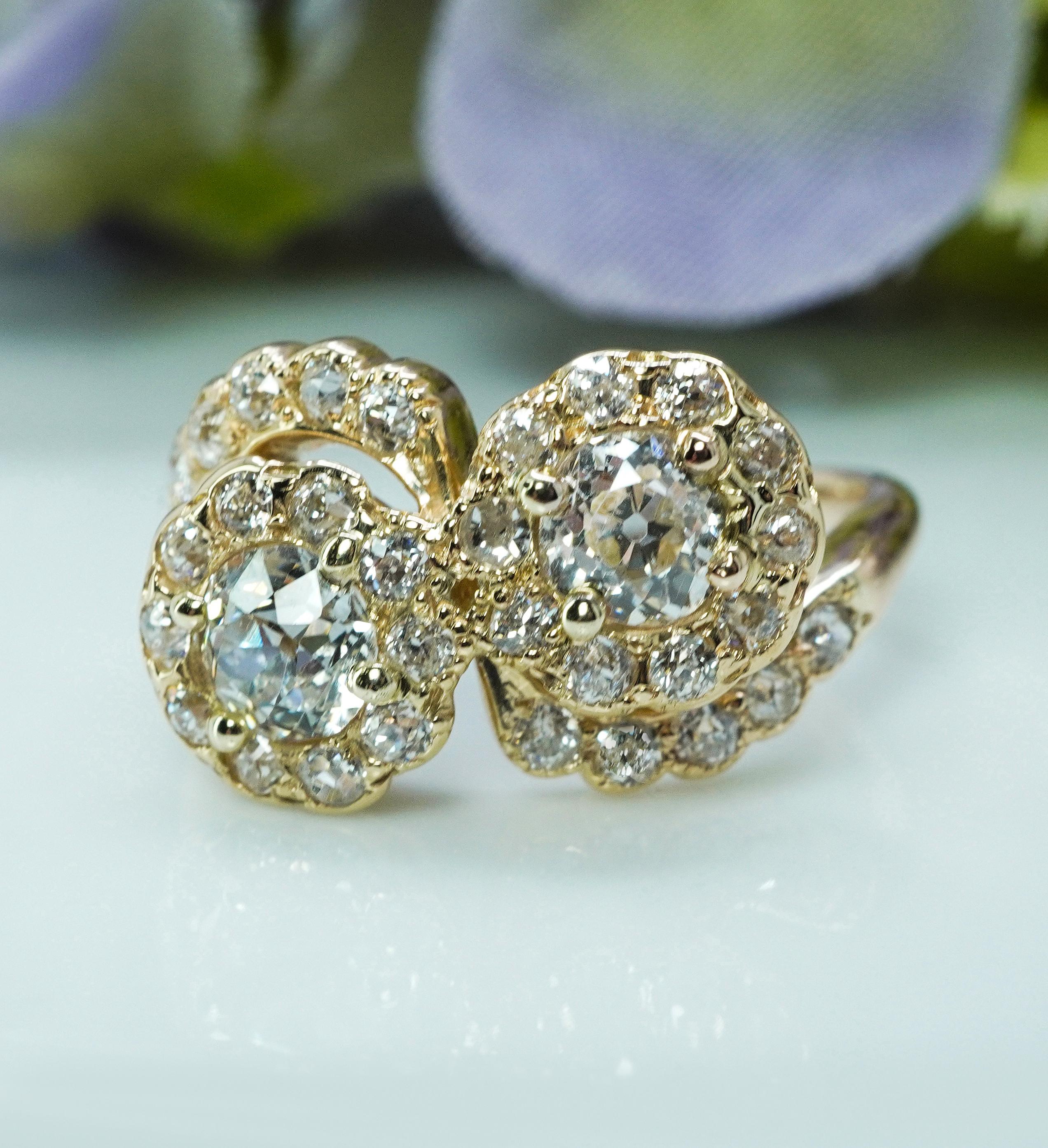 Edoardiano Anello Edwardian Antique Old European Diamond 14K Gold Toi-Et-Moi Halo Estate 1.84 in vendita