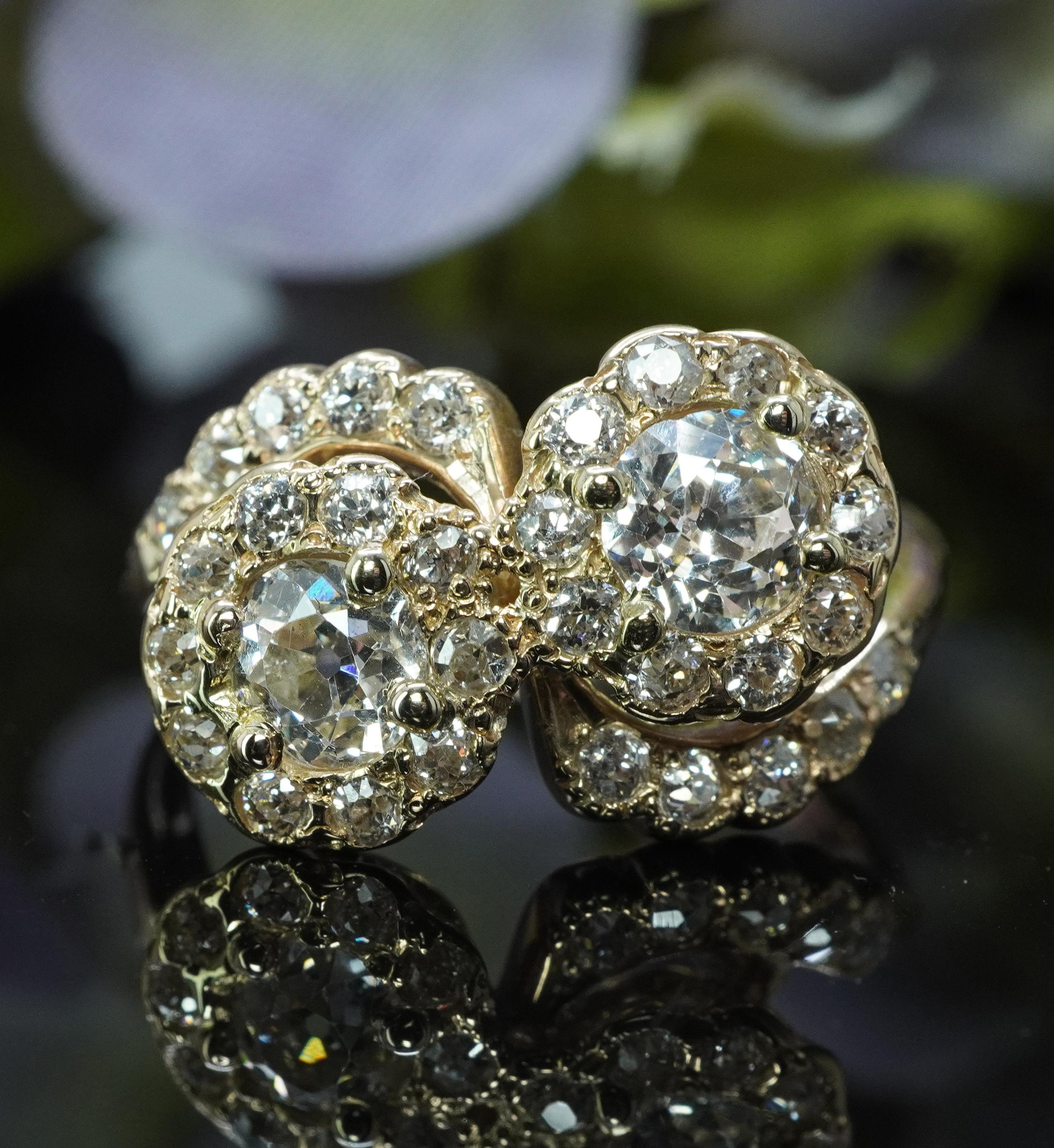 Anello Edwardian Antique Old European Diamond 14K Gold Toi-Et-Moi Halo Estate 1.84 in vendita 1