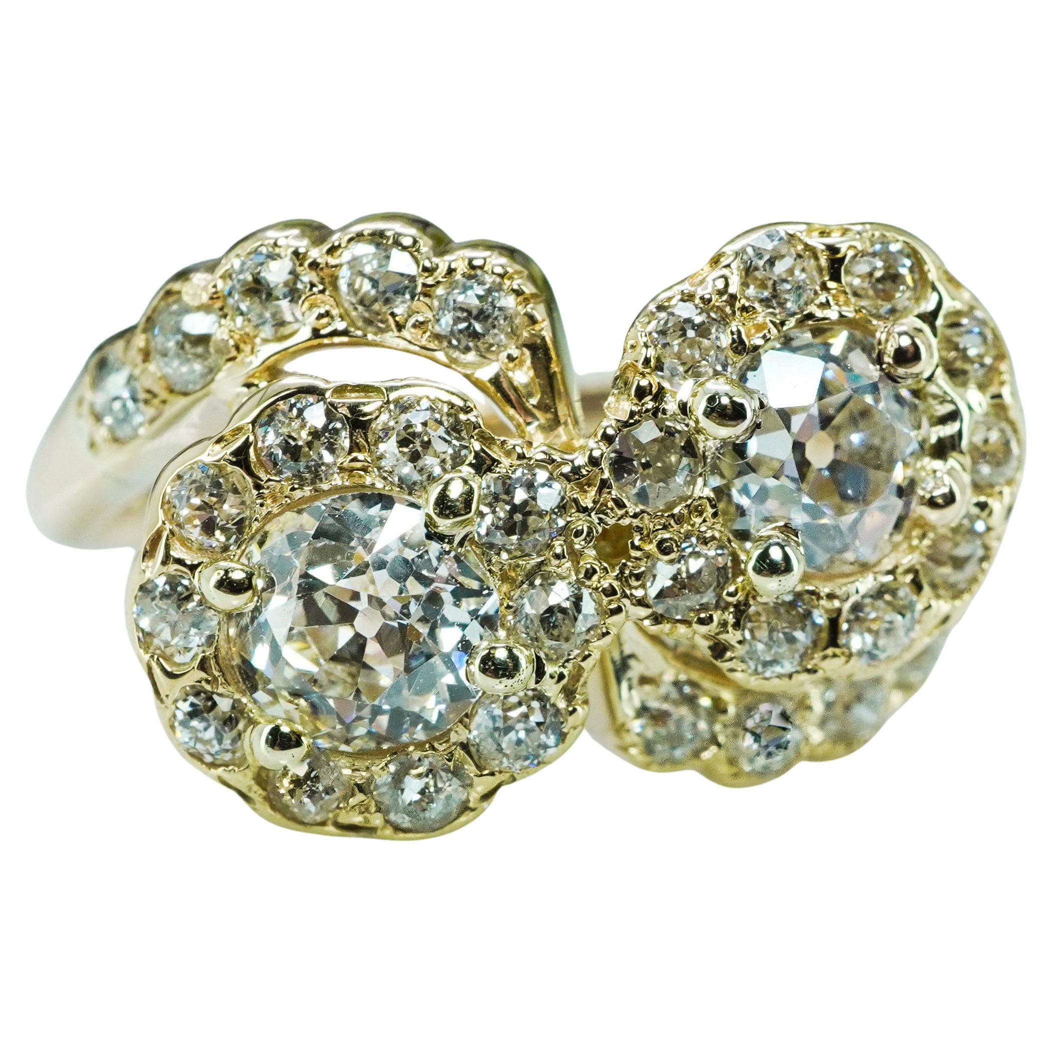 Anello Edwardian Antique Old European Diamond 14K Gold Toi-Et-Moi Halo Estate 1.84