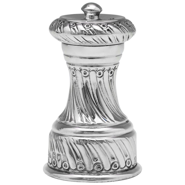 Edwardian Antique Ornate Sterling Silver Pepper Grinder from 1904 For Sale