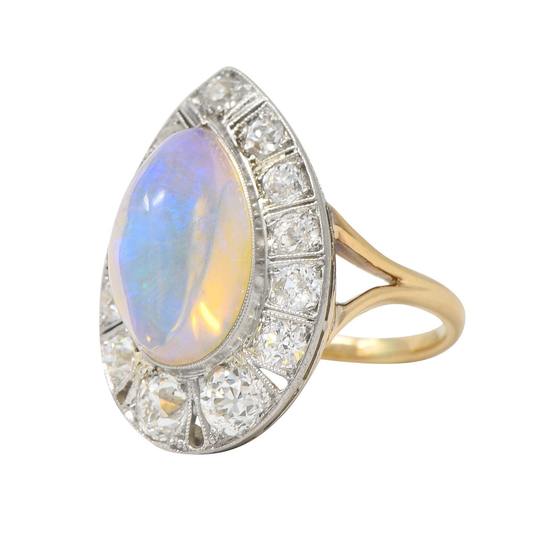 Edwardian Antique Pear Jelly Opal Diamond Platinum 14 Karat Gold Halo Ring For Sale 5