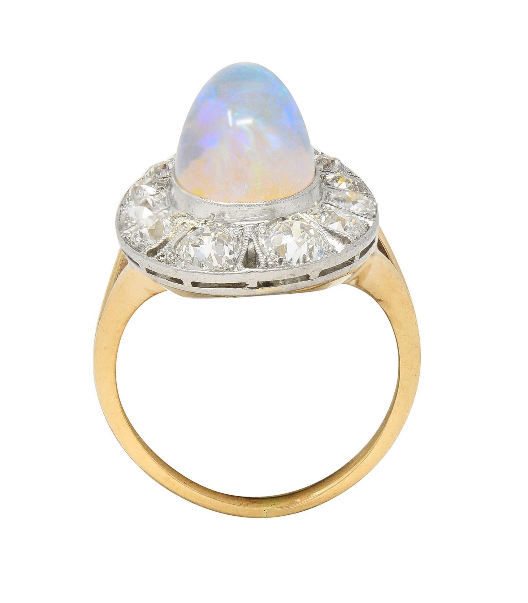 Edwardian Antique Pear Jelly Opal Diamond Platinum 14 Karat Gold Halo Ring For Sale 5