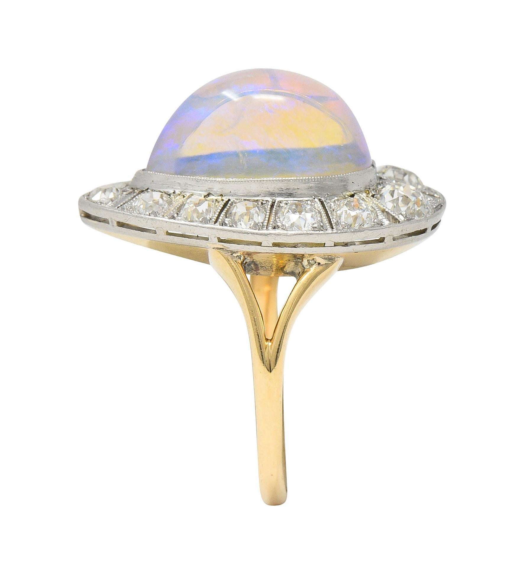 Edwardian Antique Pear Jelly Opal Diamond Platinum 14 Karat Gold Halo Ring For Sale 6