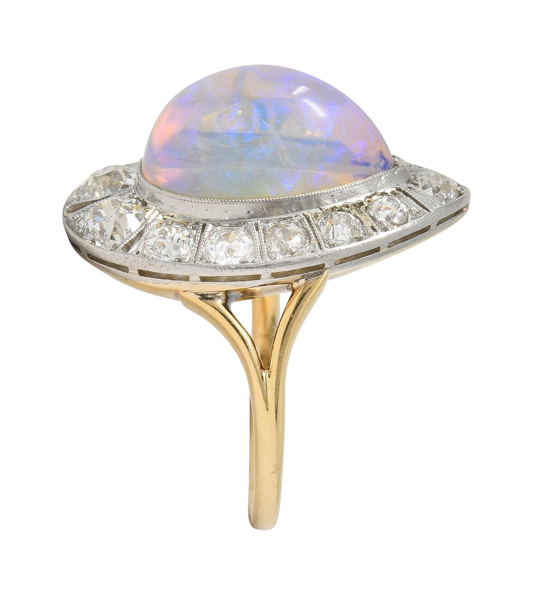 Edwardian Antique Pear Jelly Opal Diamond Platinum 14 Karat Gold Halo Ring For Sale 8