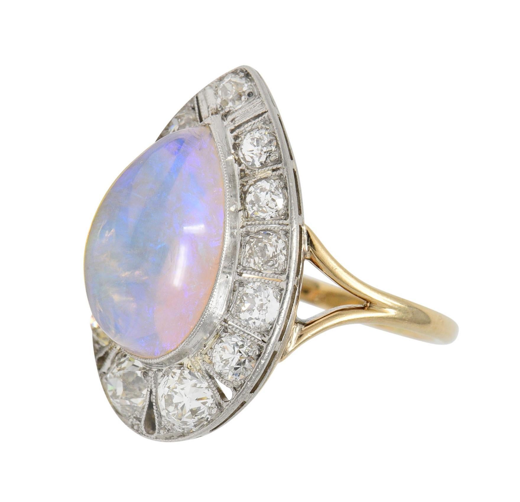Edwardian Antique Pear Jelly Opal Diamond Platinum 14 Karat Gold Halo Ring For Sale 9