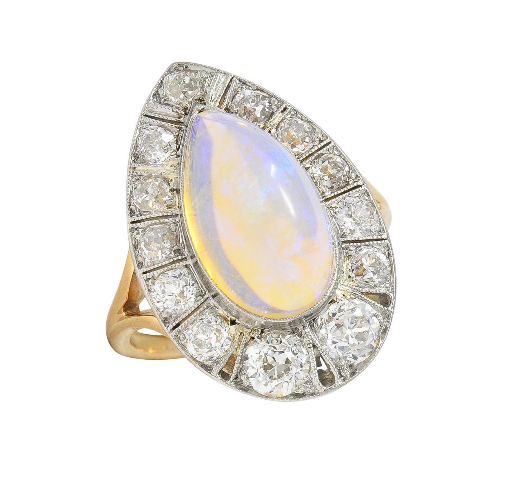 Edwardian Antique Pear Jelly Opal Diamond Platinum 14 Karat Gold Halo Ring For Sale 10