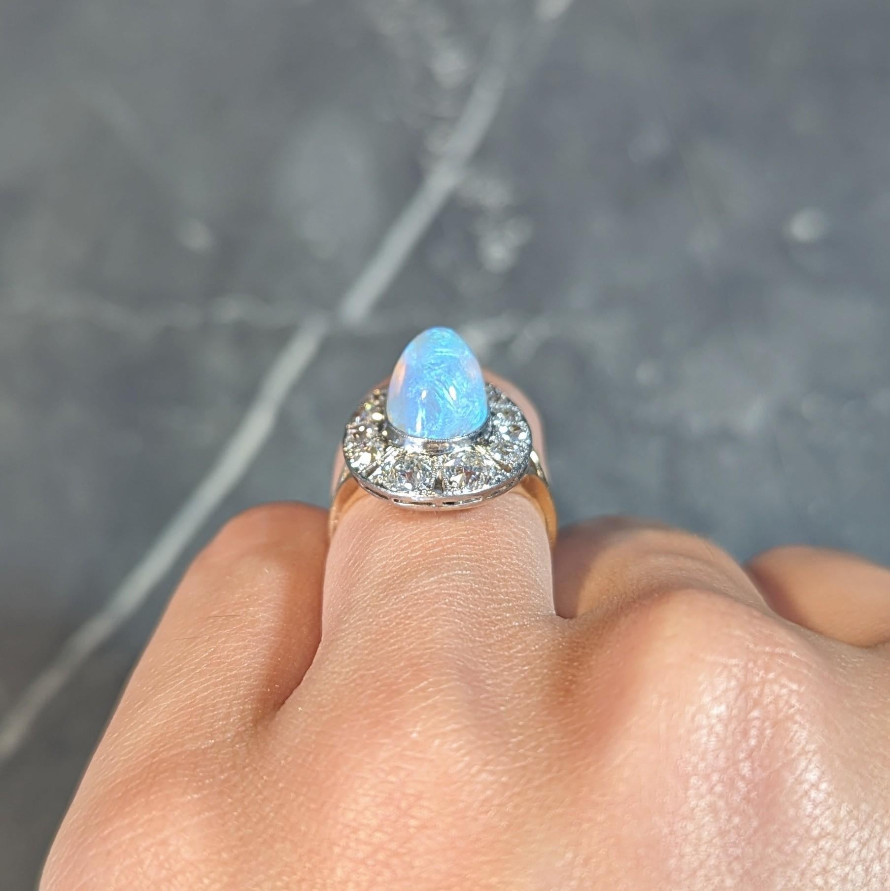 Edwardian Antique Pear Jelly Opal Diamond Platinum 14 Karat Gold Halo Ring For Sale 12