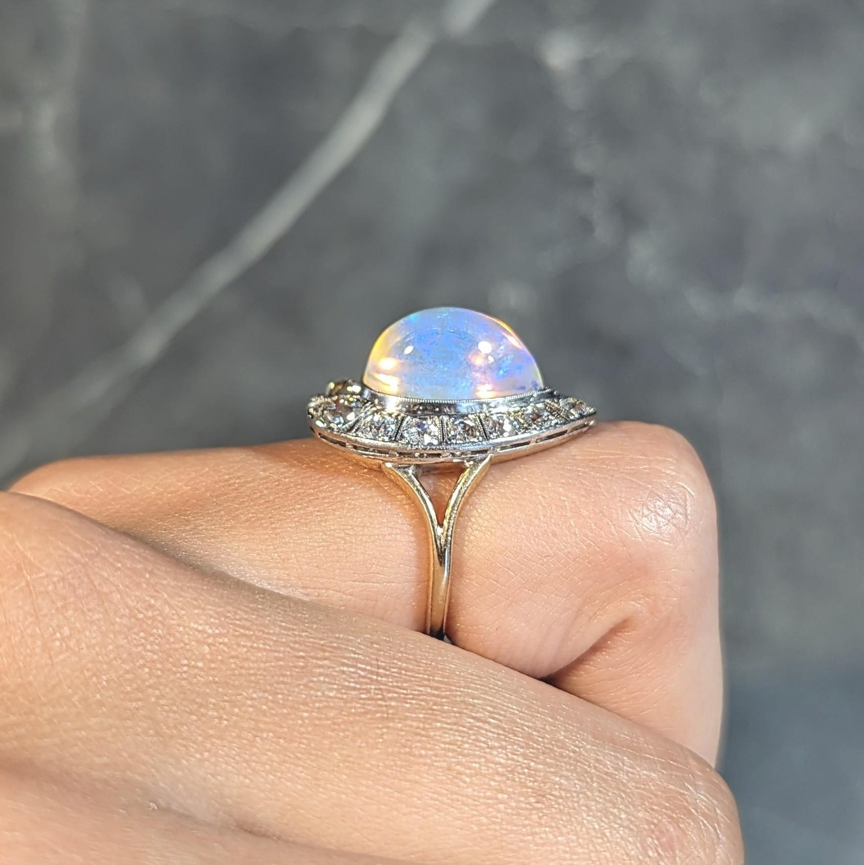 Edwardian Antique Pear Jelly Opal Diamond Platinum 14 Karat Gold Halo Ring For Sale 13