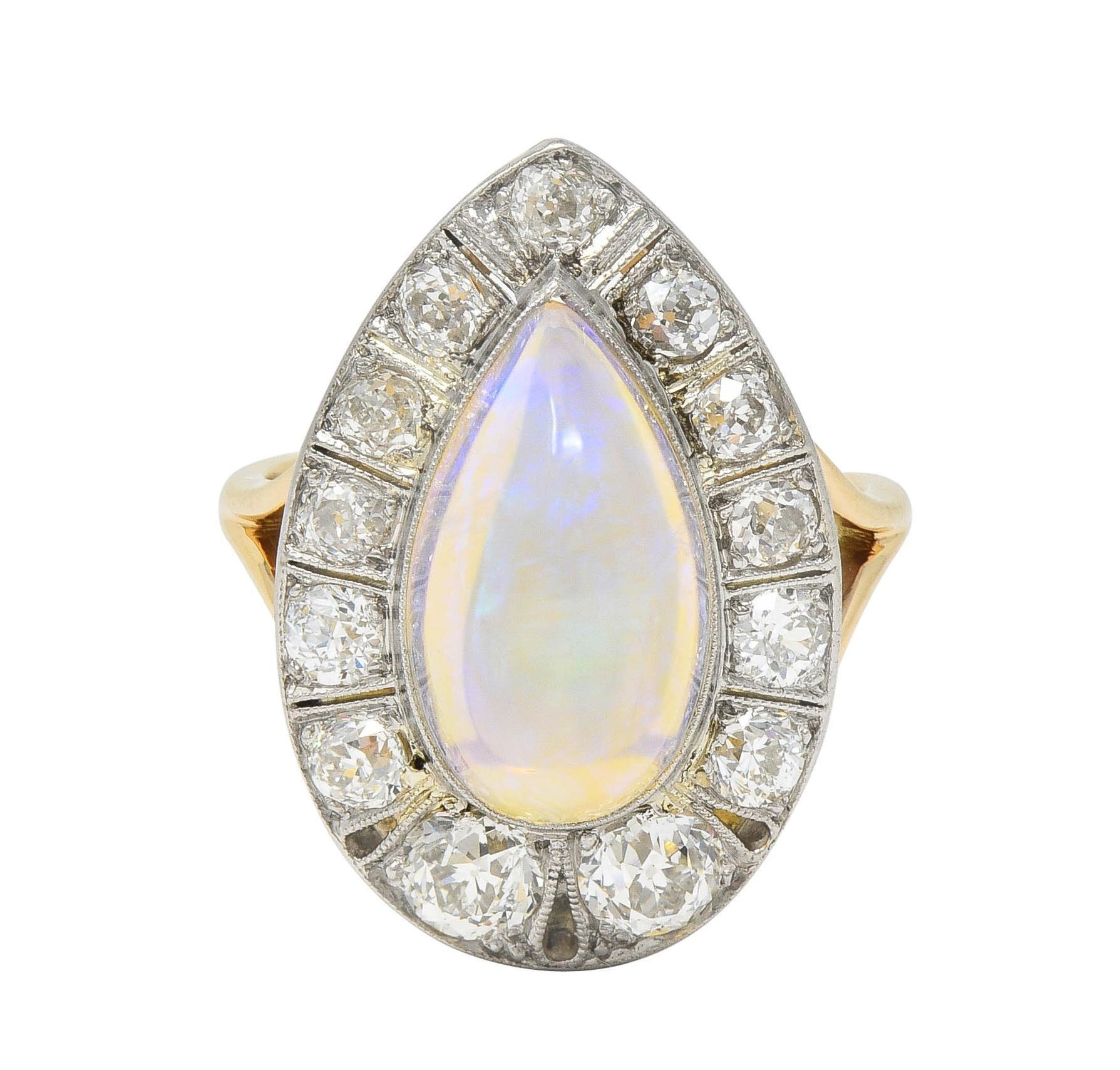 Pear Cut Edwardian Antique Pear Jelly Opal Diamond Platinum 14 Karat Gold Halo Ring For Sale