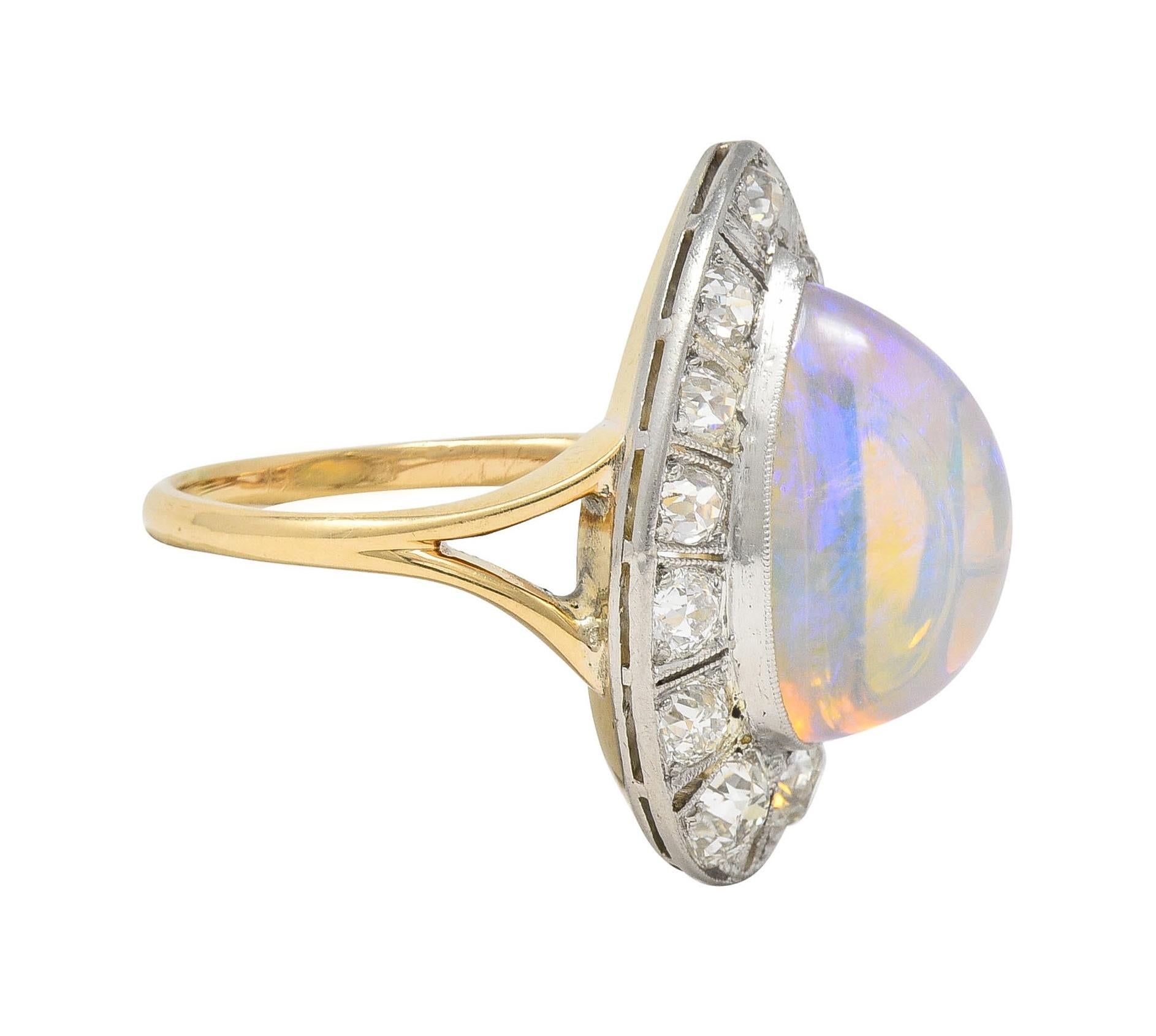 Edwardian Antique Pear Jelly Opal Diamond Platinum 14 Karat Gold Halo Ring In Excellent Condition For Sale In Philadelphia, PA