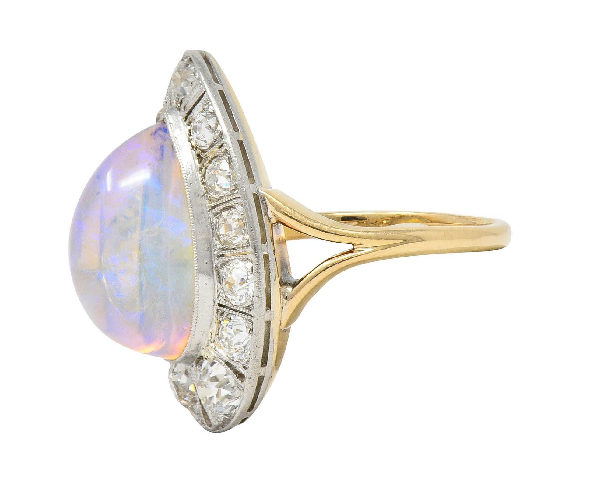 Edwardian Antique Pear Jelly Opal Diamond Platinum 14 Karat Gold Halo Ring For Sale 2