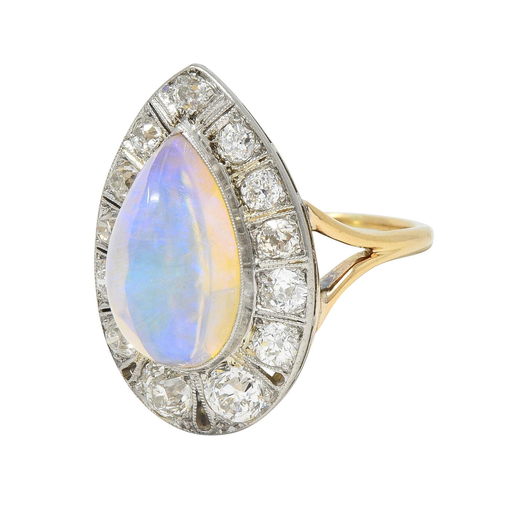 Edwardian Antique Pear Jelly Opal Diamond Platinum 14 Karat Gold Halo Ring For Sale 2