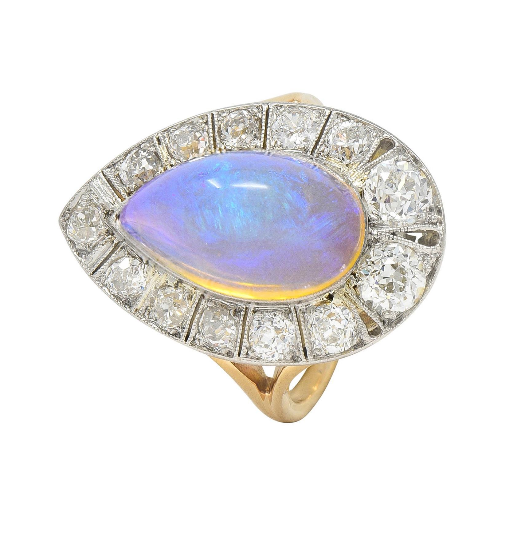 Edwardian Antique Pear Jelly Opal Diamond Platinum 14 Karat Gold Halo Ring For Sale 4