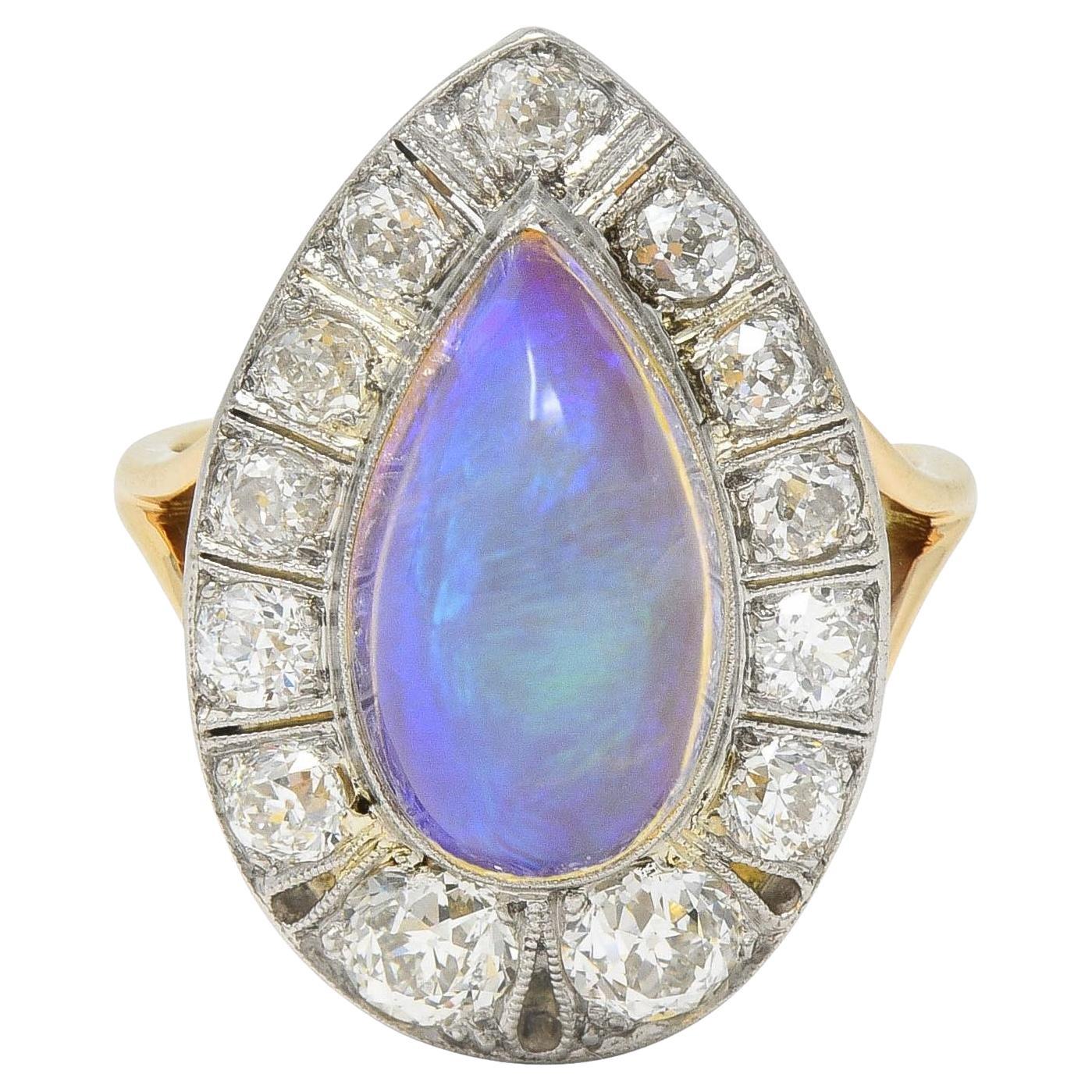 Edwardian Antique Pear Jelly Opal Diamond Platinum 14 Karat Gold Halo Ring