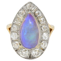 Edwardian Antique Pear Jelly Opal Diamond Platinum 14 Karat Gold Halo Ring