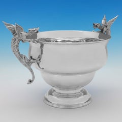 Edwardian Antique Sterling Silver Centrepiece Bowl London 1910, Dragon Handles