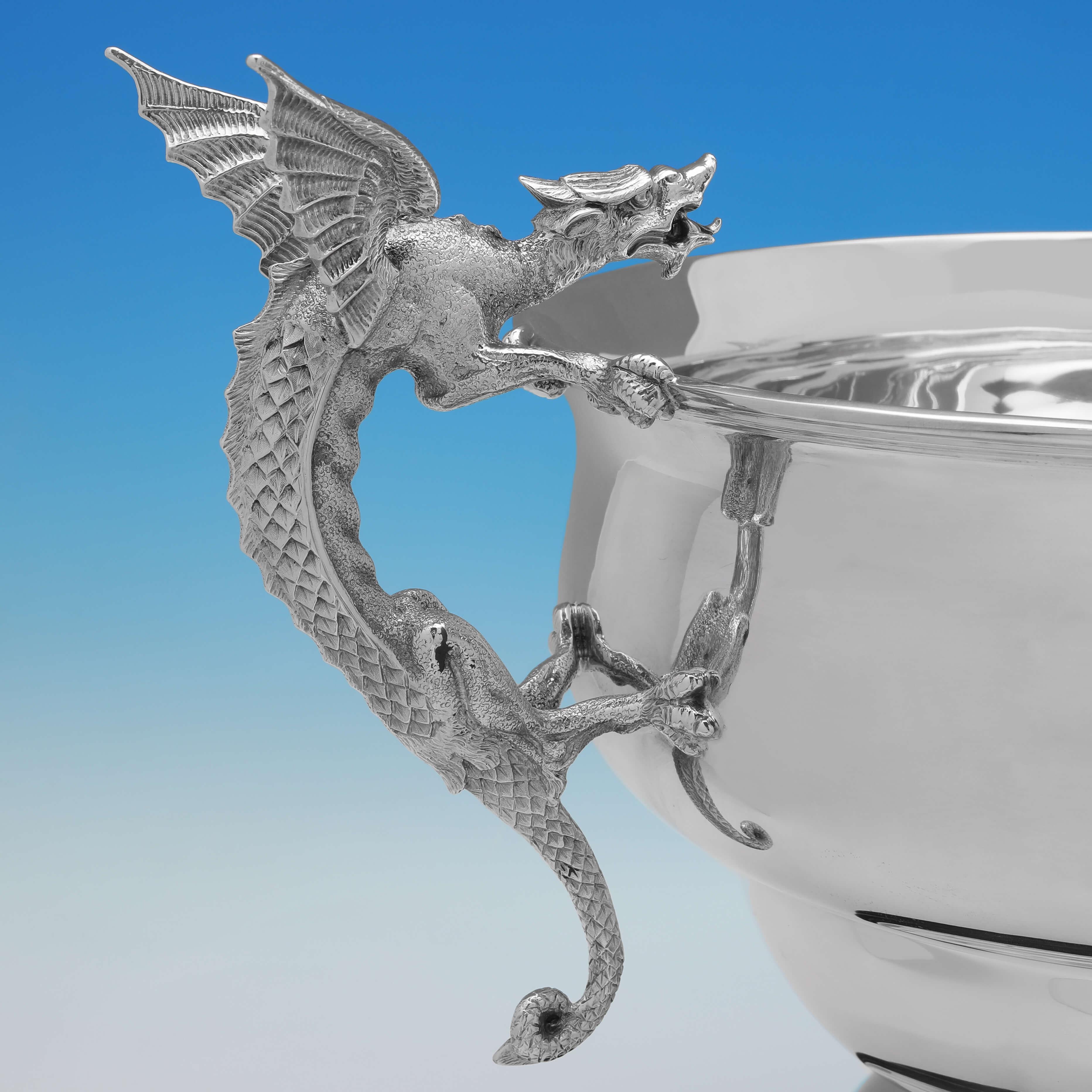 English Edwardian Antique Sterling Silver Centrepiece Bowl London 1910, Dragon Handles For Sale