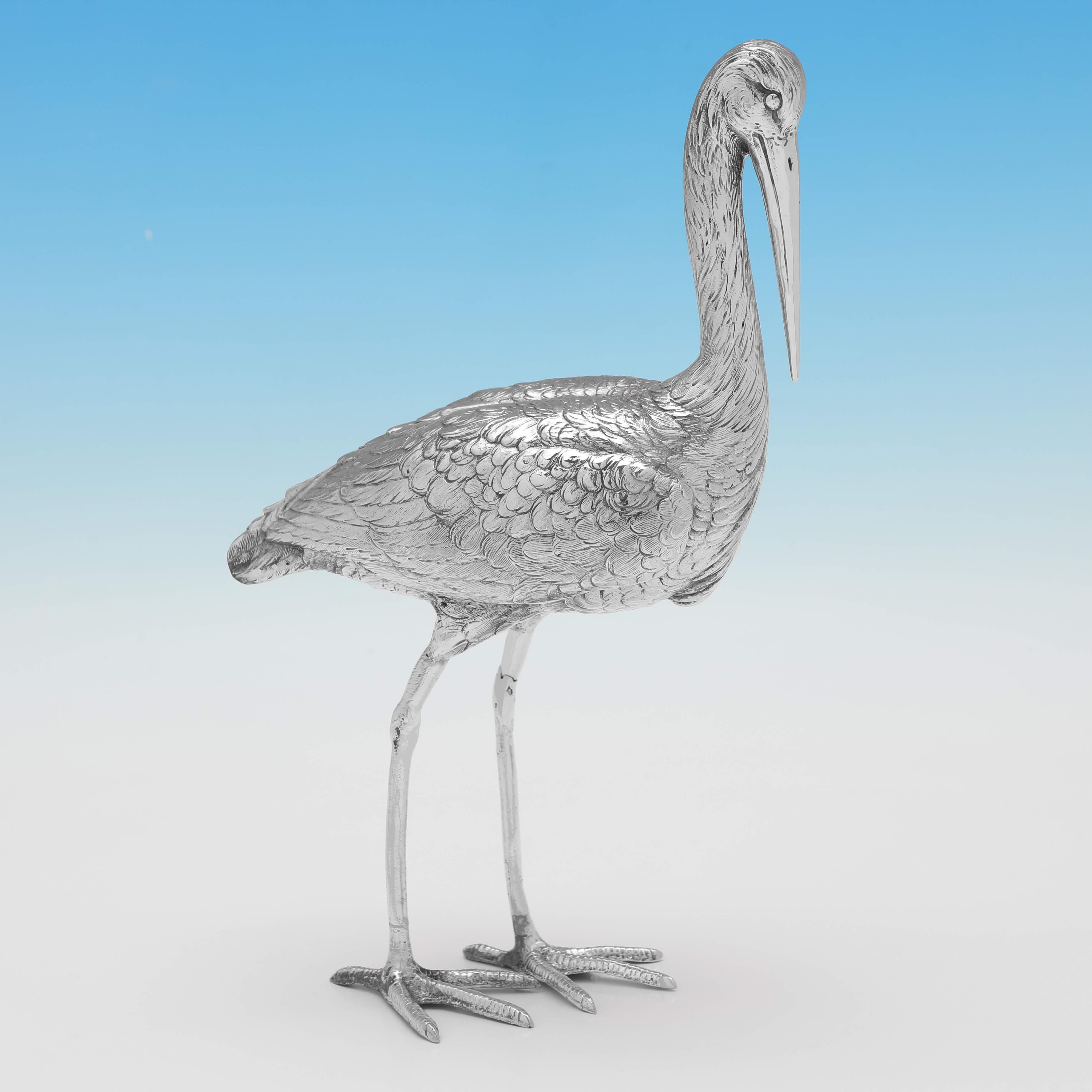 Carrying import marks for Chester in 1908 by Berthold Muller, this charming, Antique Sterling Silver Model of a Stork, is realistically cast. 

The stork measures 9.25