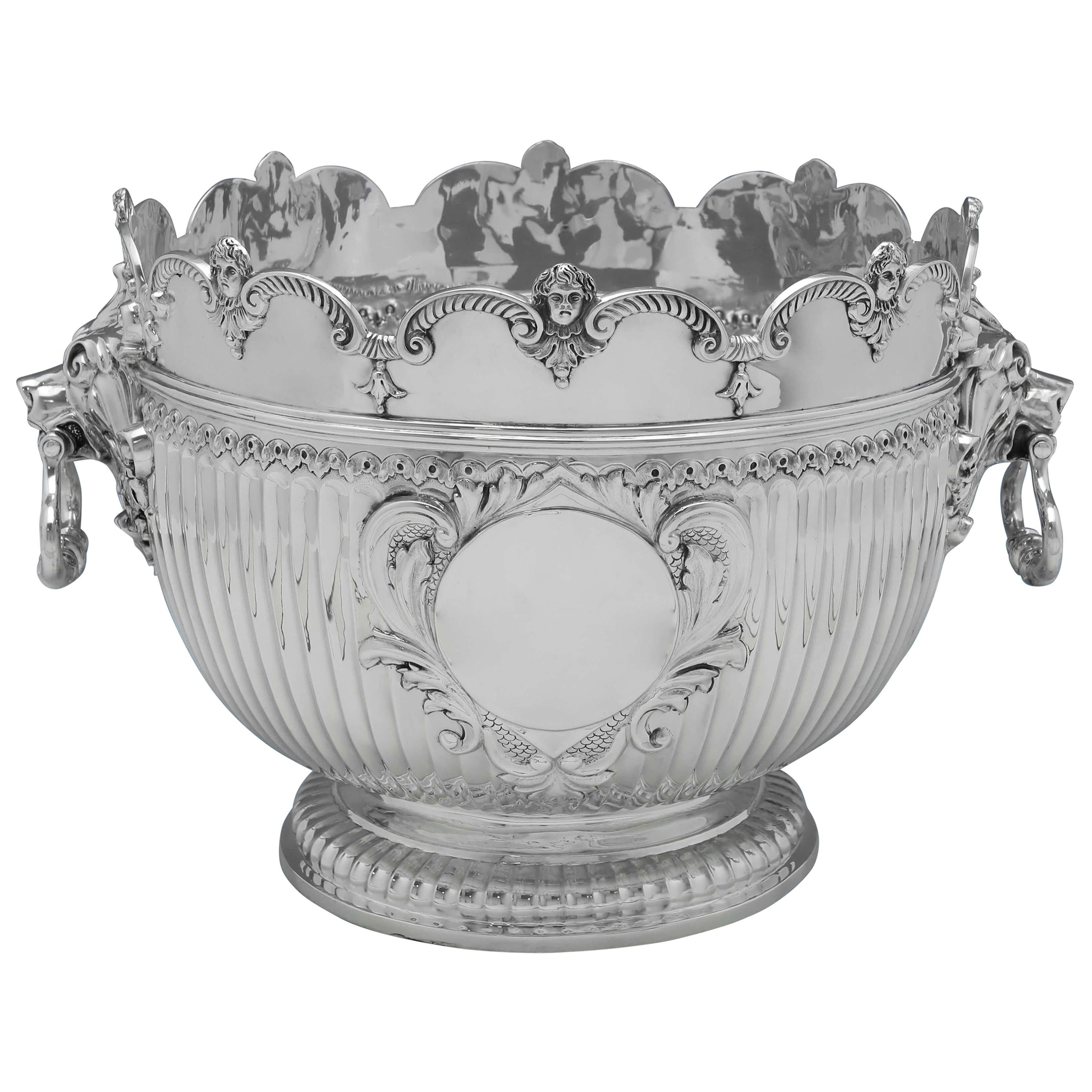 Edwardian Antique Sterling Silver Monteith Bowl by Carringtons, London, 1904