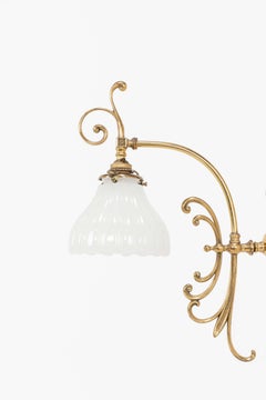Edwardian Antique Two-Branch Brass Moonstone Glass Ceiling Light. c.1910