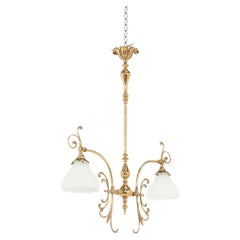 Edwardian Antique Two-Branch Brass Moonstone Glass Ceiling Light. c.1910