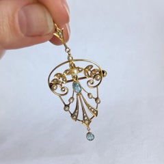 Edwardian Aqua and Pearl 15 Carat Gold Pendant