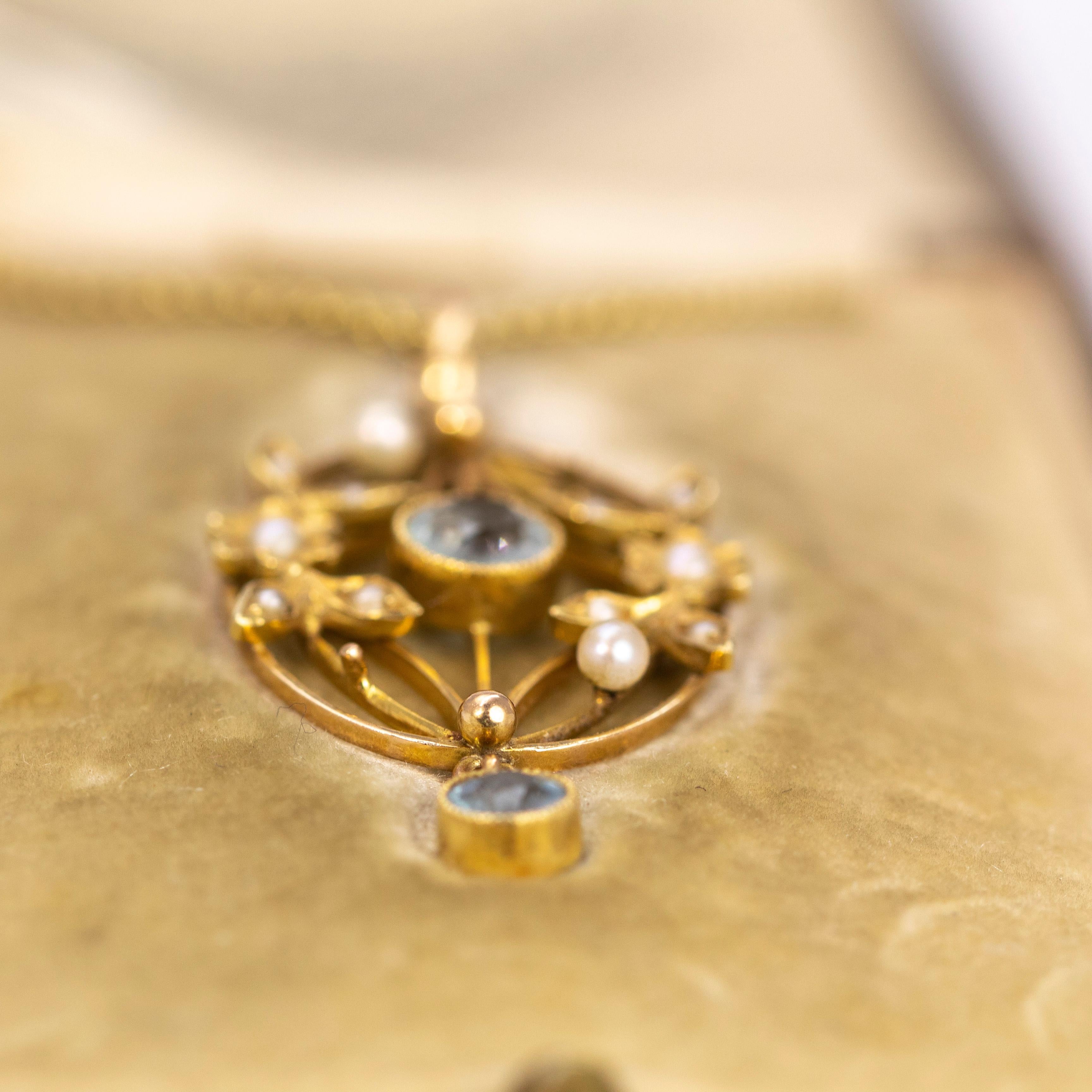 Women's Edwardian Aqua and Pearl 15 Carat Gold Pendant
