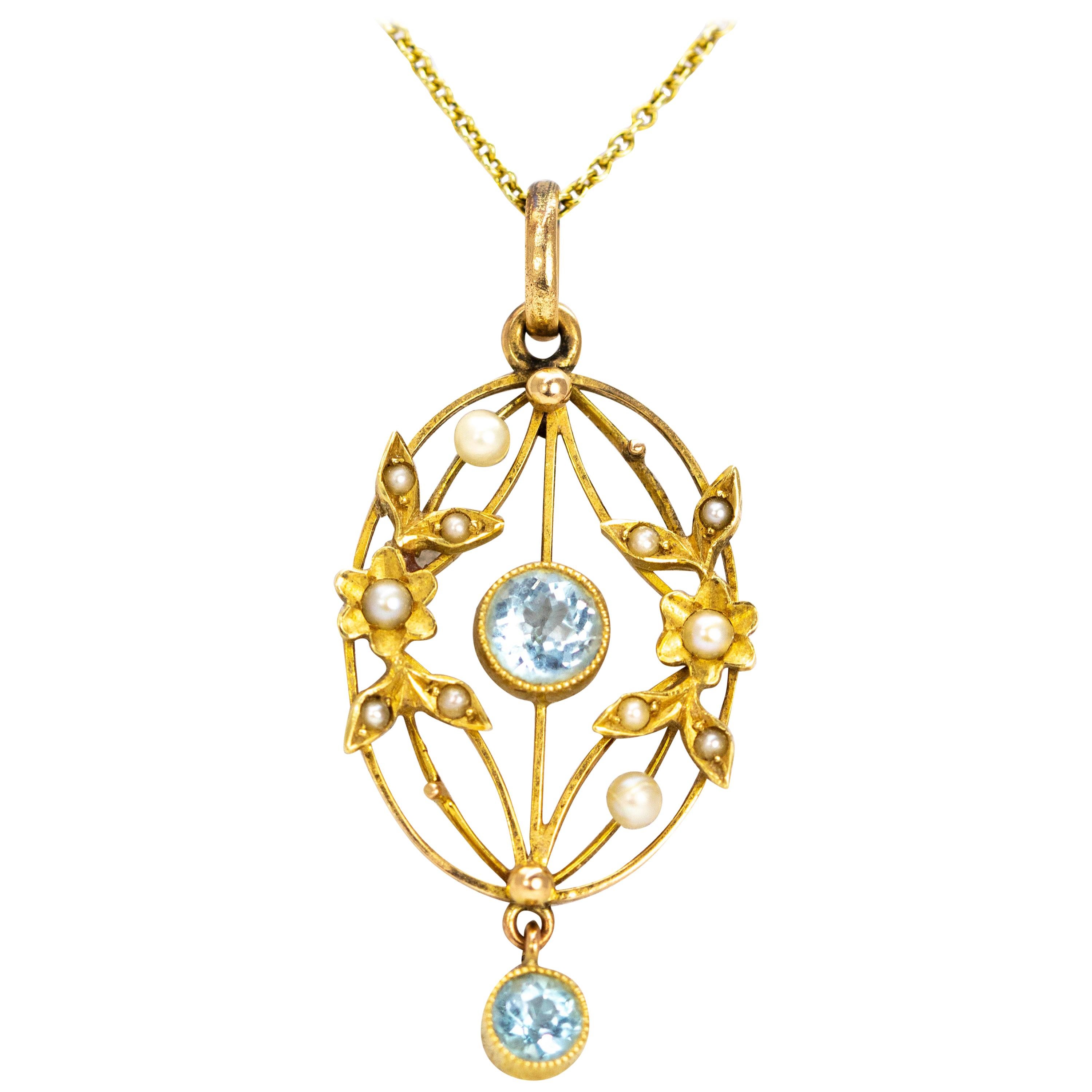 Edwardian Aqua and Pearl 15 Carat Gold Pendant