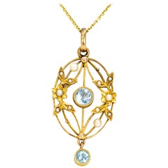Edwardian Aqua and Pearl 15 Carat Gold Pendant