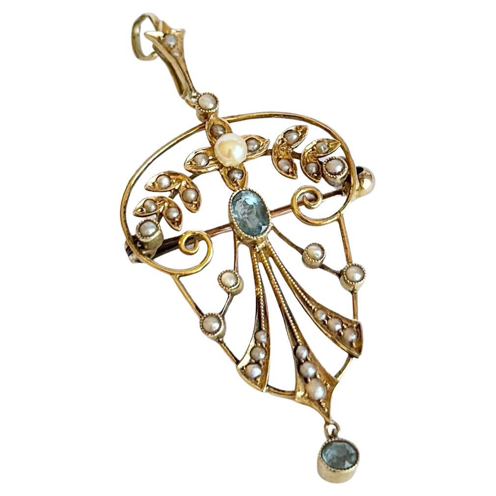 Edwardian Aqua and Pearl 15 Carat Gold Pendant