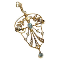 Edwardianischer Aqua- und Perlen-Anhänger aus 15 Karat Gold