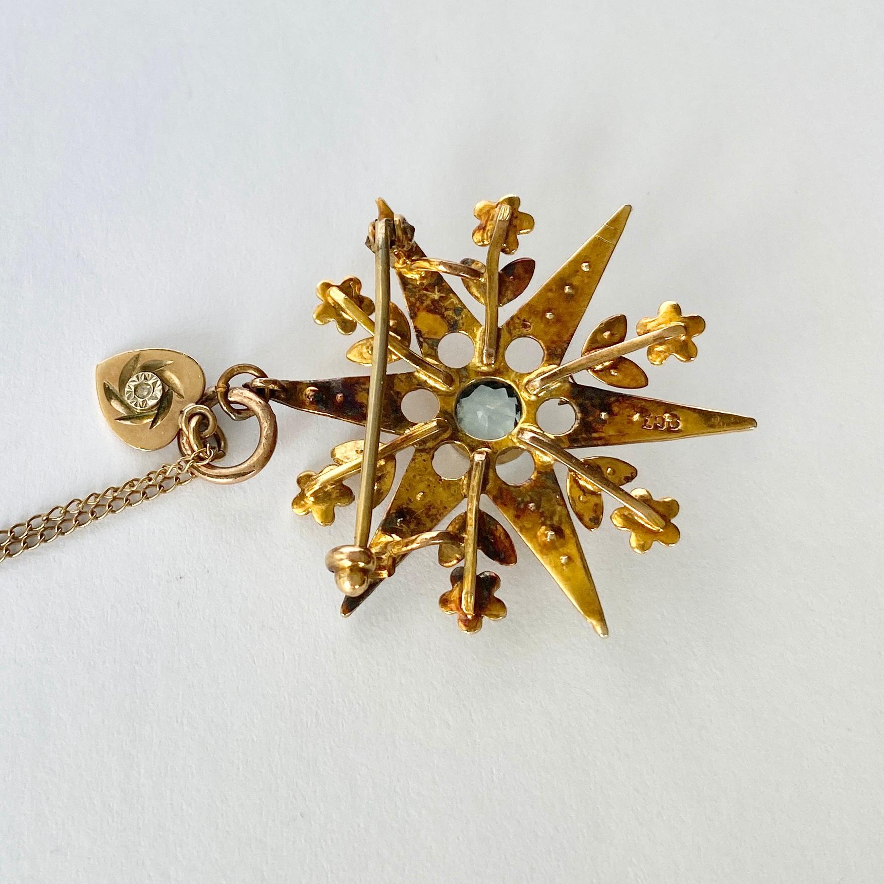 Uncut Edwardian Aqua and Pearl 9 Carat Gold Star Brooch or Pendant