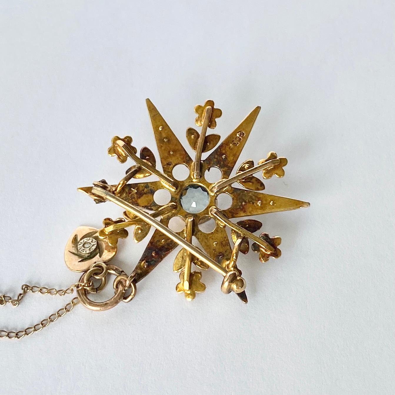 Edwardian Aqua and Pearl 9 Carat Gold Star Brooch or Pendant In Good Condition In Chipping Campden, GB