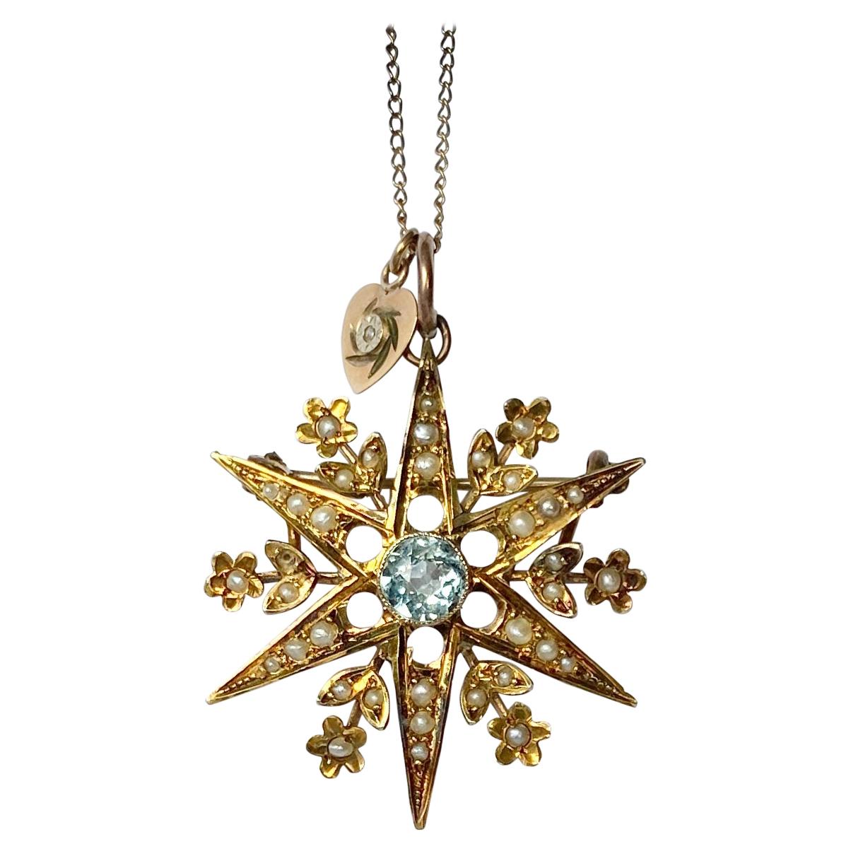 Edwardian Aqua and Pearl 9 Carat Gold Star Brooch or Pendant